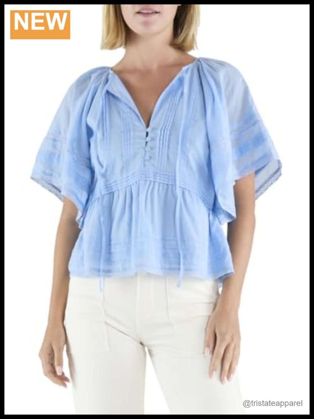 Women's Sherry V-Neck Blouse Flutter Sleeve 100% Cotton Embellished